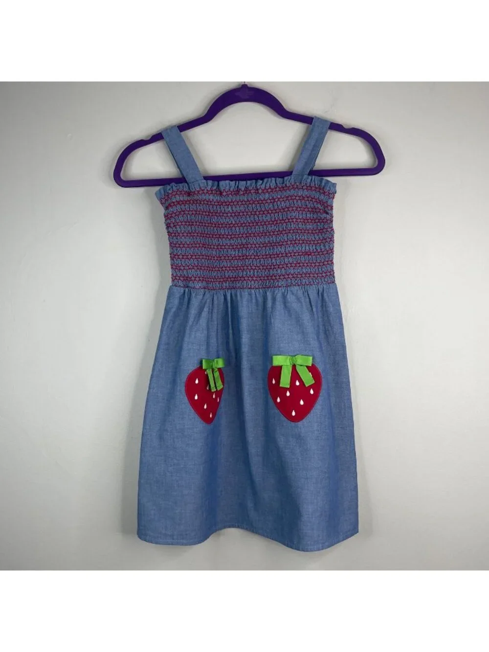 Gymboree Dress Girls 8 Strawberry Patch‎ Smocked Sundress Bow Strap Chambray